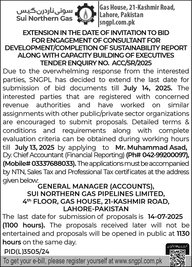 Sui Northern Gas Company Limited Lahore Tender Notice